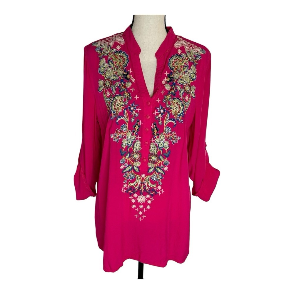 ANTHROPOLOGIE Luna Moon Pink Embroidered Popover Shirt Top Size M